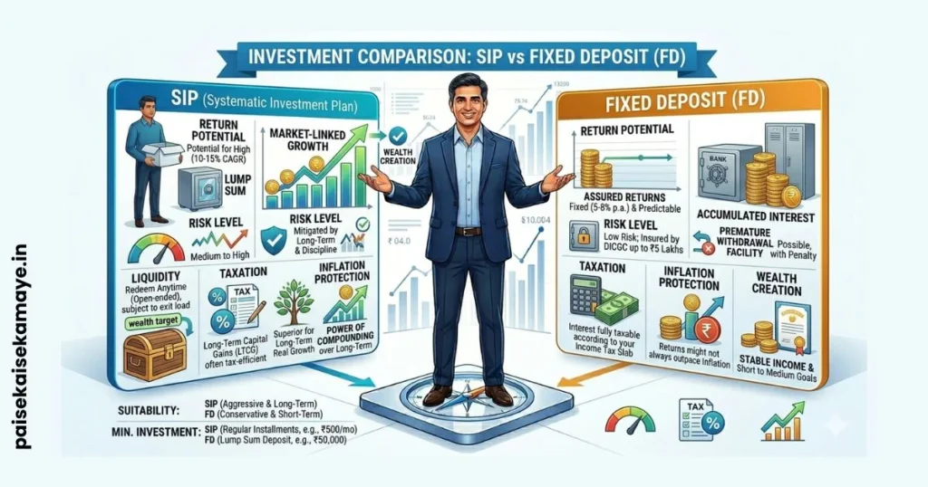 SIP vs FD Which one is Better - SIP vs FD Comparison Infographic - Paisekaisekamaye.in