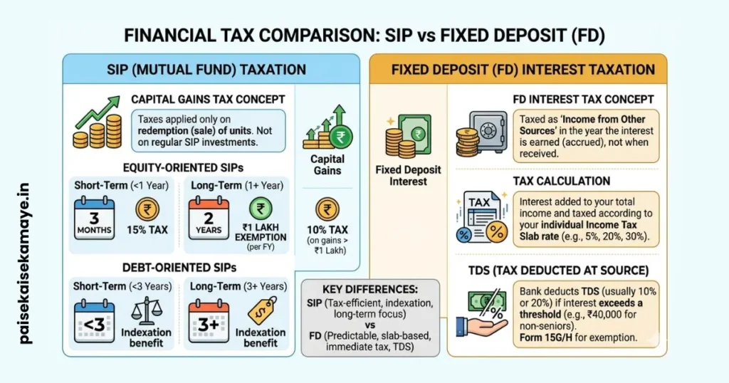 SIP vs FD Which one is Better - Tax Comparison Graphic - Paisekaisekamaye.in