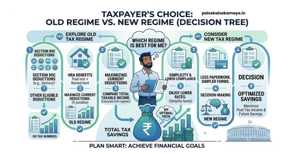 Old Tax Regime vs New Tax Regime - Decision Flowchart - Paisekaisekamaye.in